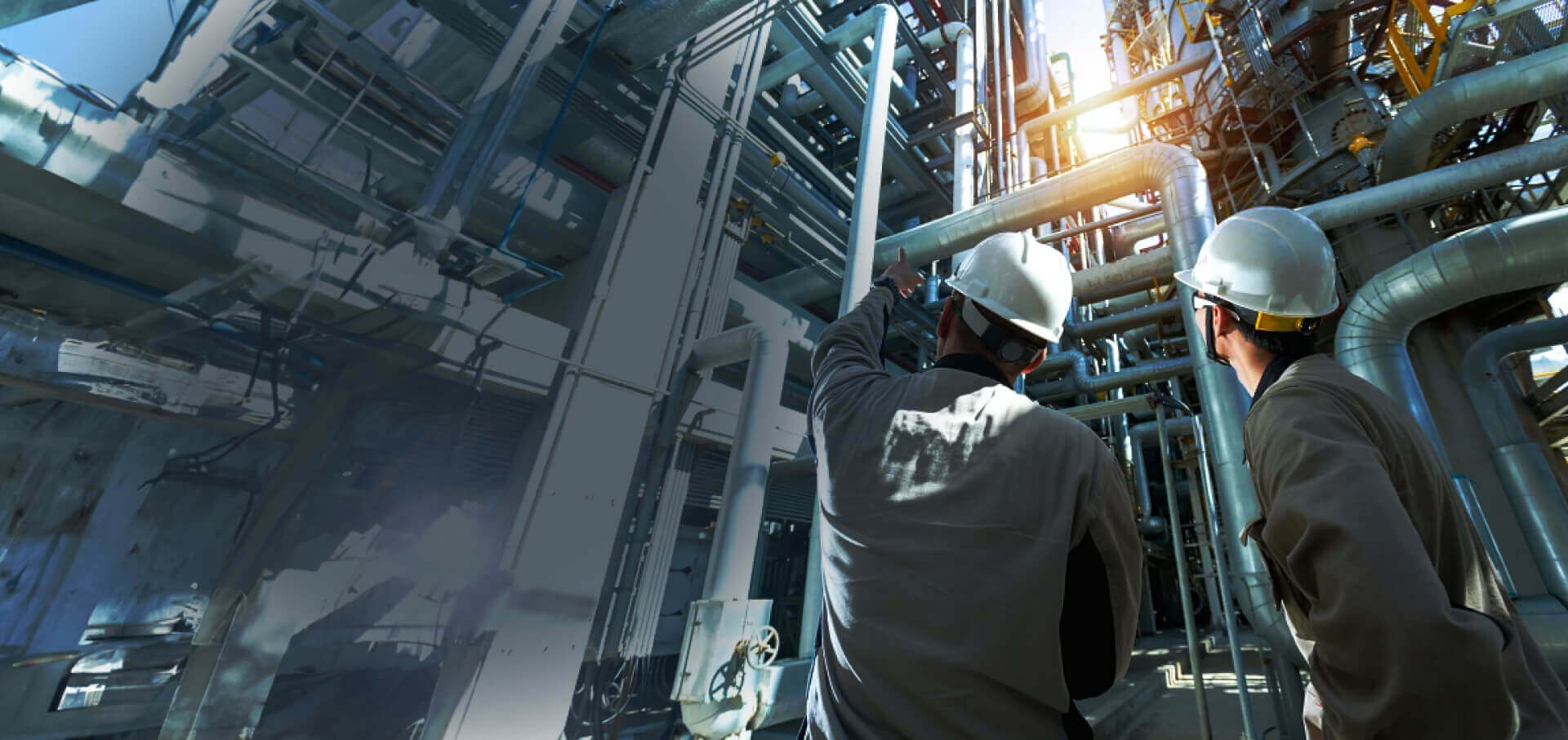 Technicians monitoring our flow control solutions. , Pumps are a main part of our flow control solutions.